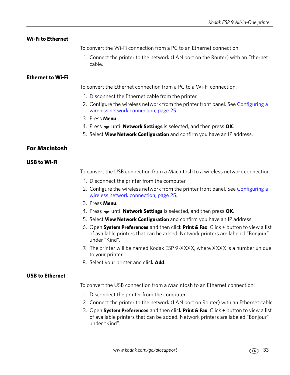 Wi-fi to ethernet, Ethernet to wi-fi, For macintosh | Usb to wi-fi, Usb to ethernet | Kodak ESP 9 User Manual | Page 41 / 143