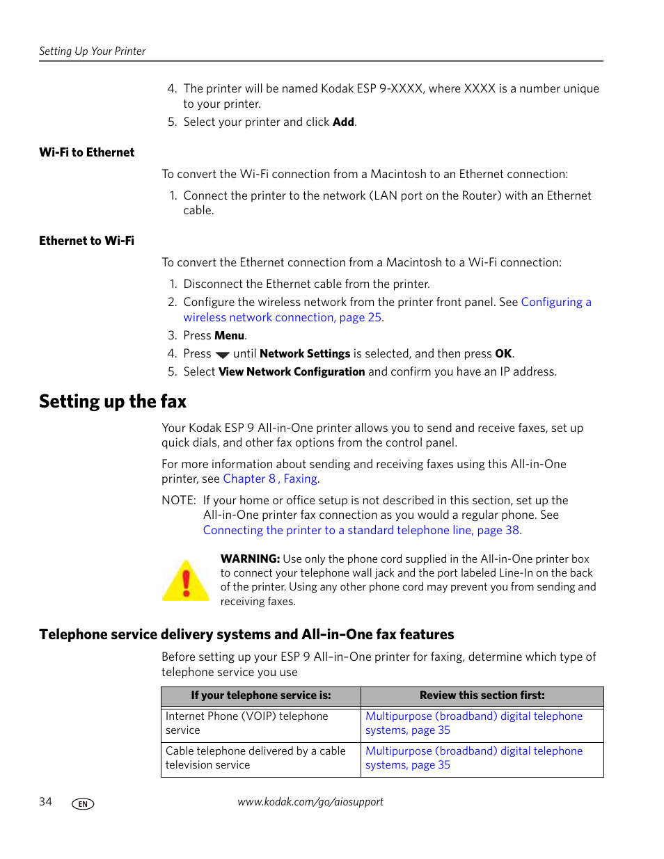 Wi-fi to ethernet, Ethernet to wi-fi, Setting up the fax | Kodak ESP 9 User Manual | Page 42 / 143