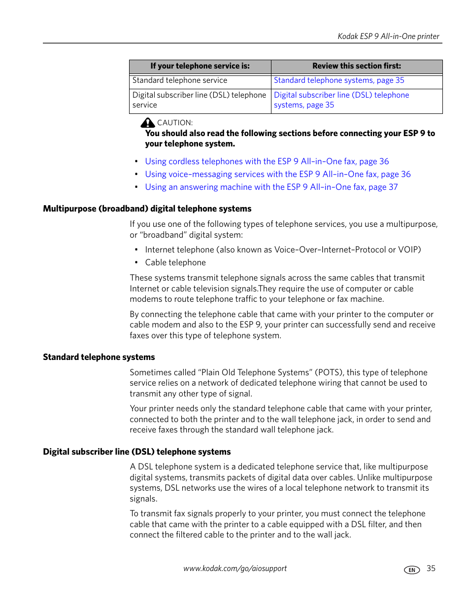 Multipurpose (broadband) digital telephone systems, Standard telephone systems, Digital subscriber line (dsl) telephone systems | Kodak ESP 9 User Manual | Page 43 / 143
