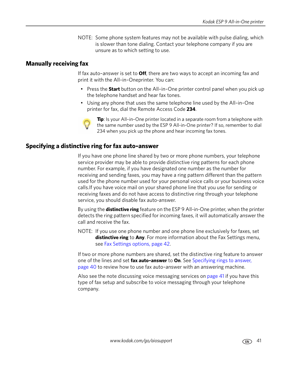 Manually receiving fax, Specifying a distinctive ring for fax auto–answer, Specifying a distinctive ring for | Specifying a | Kodak ESP 9 User Manual | Page 49 / 143