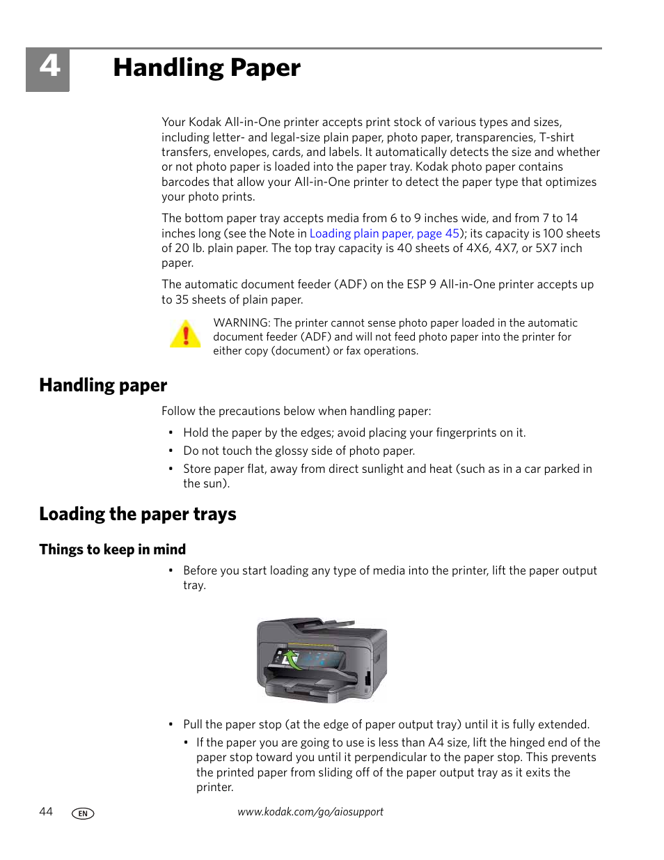 Handling paper, Loading the paper trays, Things to keep in mind | 4 handling paper, Handling paper loading the paper trays | Kodak ESP 9 User Manual | Page 52 / 143