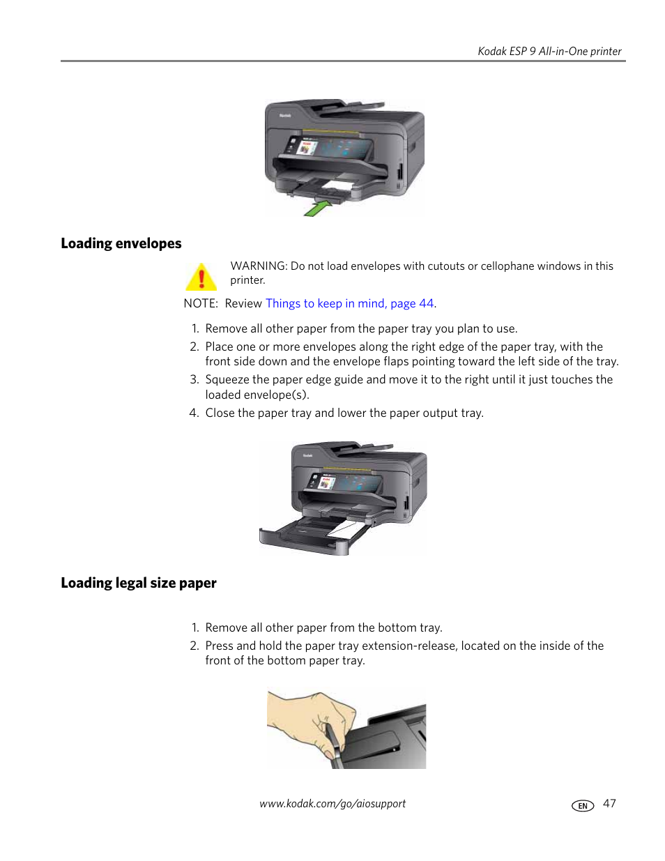 Loading envelopes, Loading legal size paper, Loading envelopes loading legal size paper | Kodak ESP 9 User Manual | Page 55 / 143