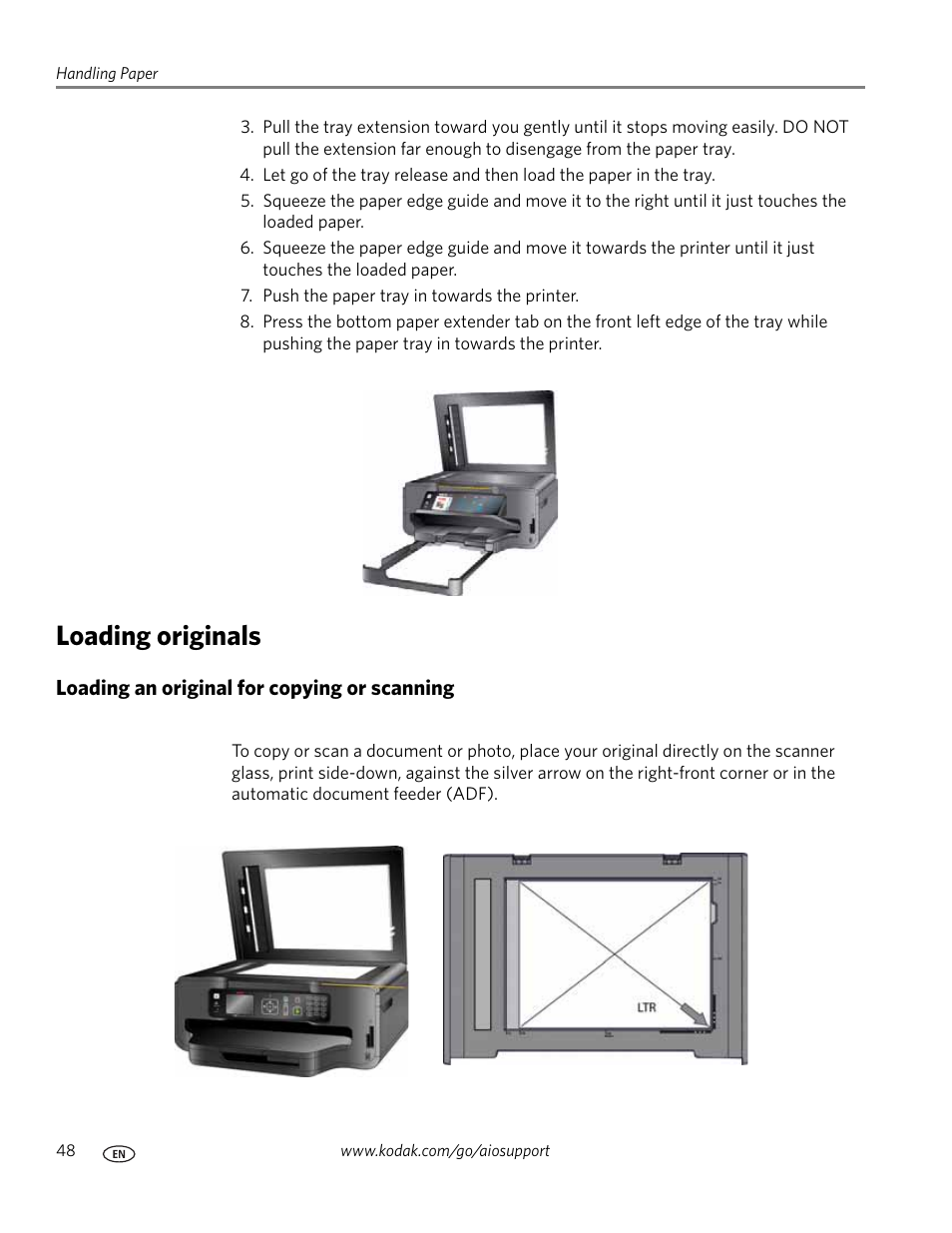 Loading originals, Loading an original for copying or scanning | Kodak ESP 9 User Manual | Page 56 / 143