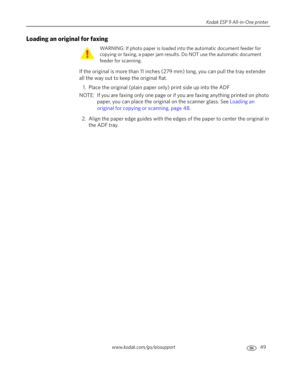 Loading an original for faxing | Kodak ESP 9 User Manual | Page 57 / 143