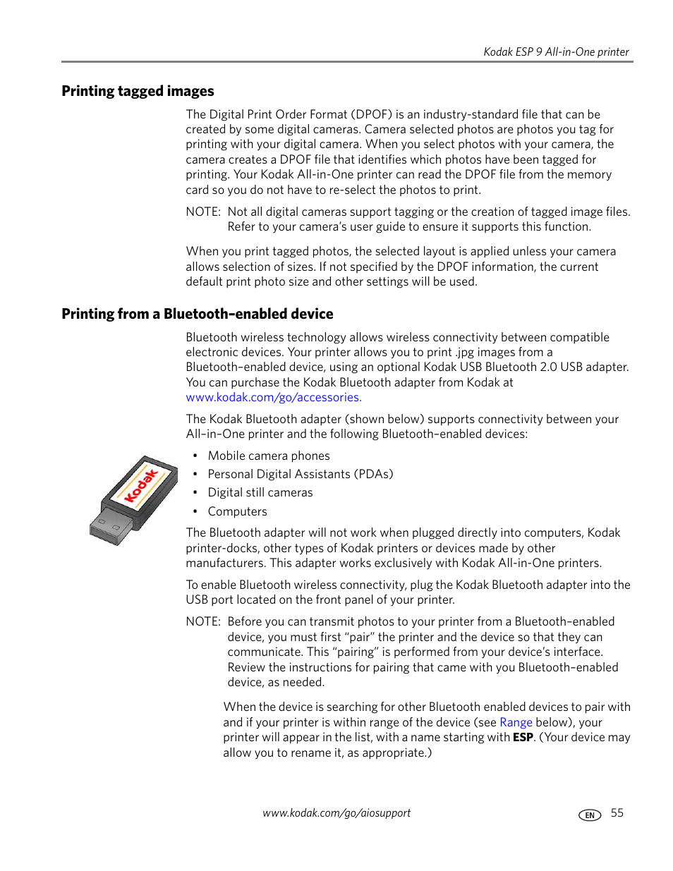 Printing tagged images, Printing from a bluetooth–enabled device | Kodak ESP 9 User Manual | Page 63 / 143