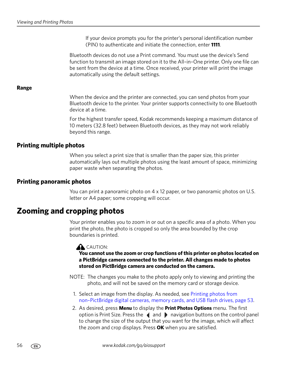 Range, Printing multiple photos, Printing panoramic photos | Zooming and cropping photos, Printing multiple photos printing panoramic photos | Kodak ESP 9 User Manual | Page 64 / 143