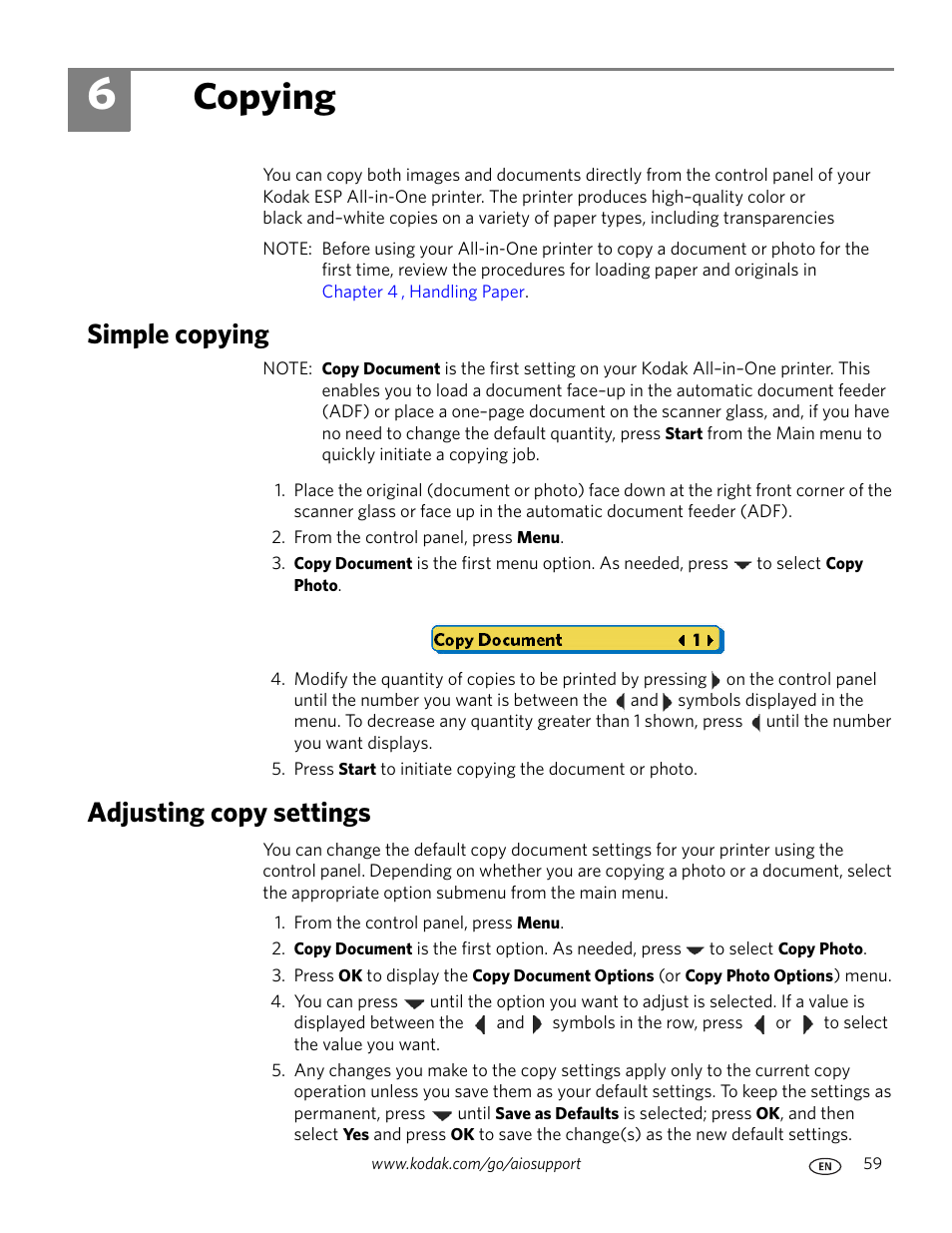 Copying, Simple copying, Adjusting copy settings | 6 copying, Simple copying adjusting copy settings | Kodak ESP 9 User Manual | Page 67 / 143