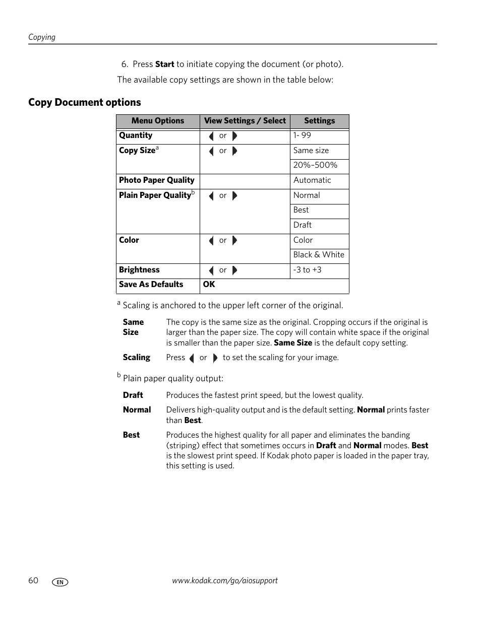 Copy document options | Kodak ESP 9 User Manual | Page 68 / 143