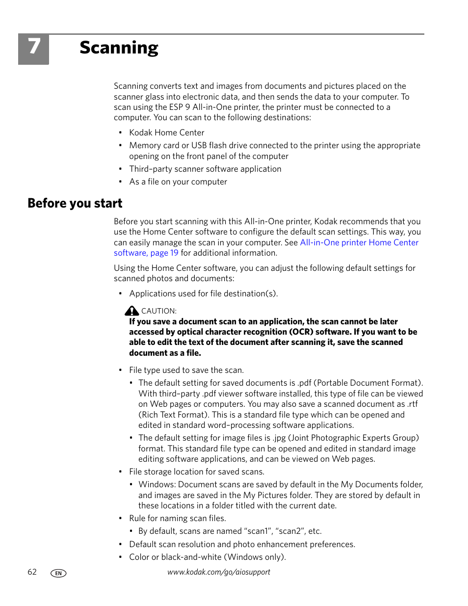 Scanning, Before you start, 7 scanning | Kodak ESP 9 User Manual | Page 70 / 143