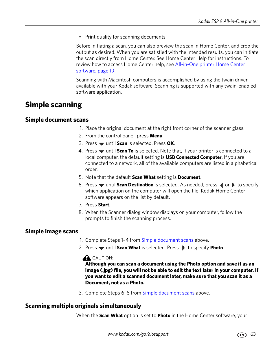 Simple scanning, Simple document scans, Simple image scans | Scanning multiple originals simultaneously | Kodak ESP 9 User Manual | Page 71 / 143