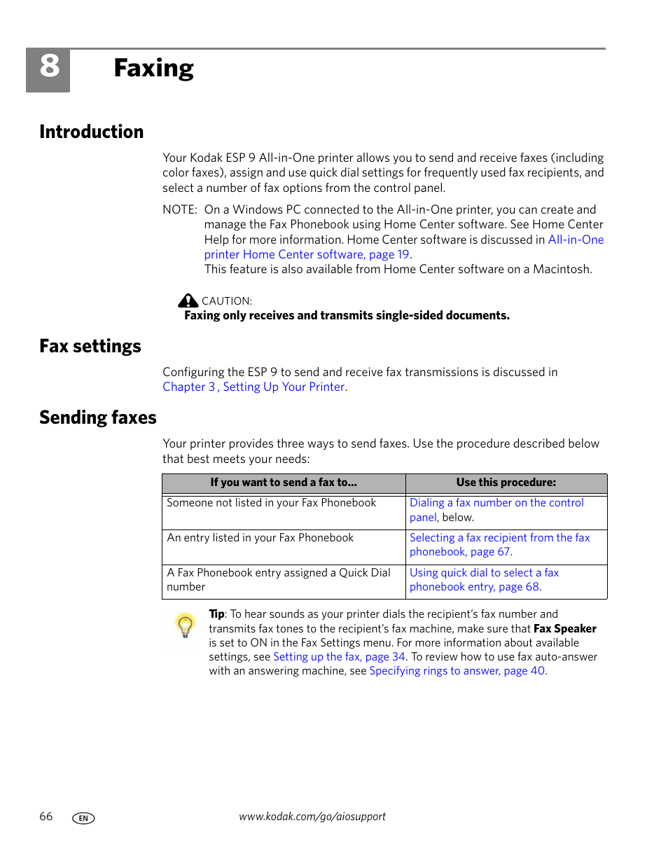 Faxing, Introduction, Fax settings | Sending faxes, 8 faxing, Introduction fax settings sending faxes, Chapter 8 , faxing | Kodak ESP 9 User Manual | Page 74 / 143