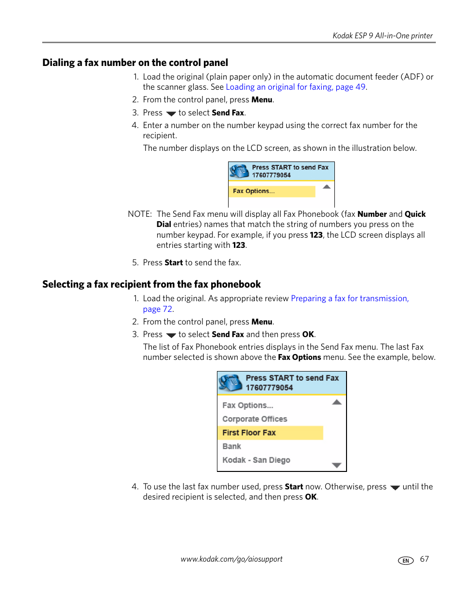 Dialing a fax number on the control panel, Selecting a fax recipient from the fax phonebook | Kodak ESP 9 User Manual | Page 75 / 143