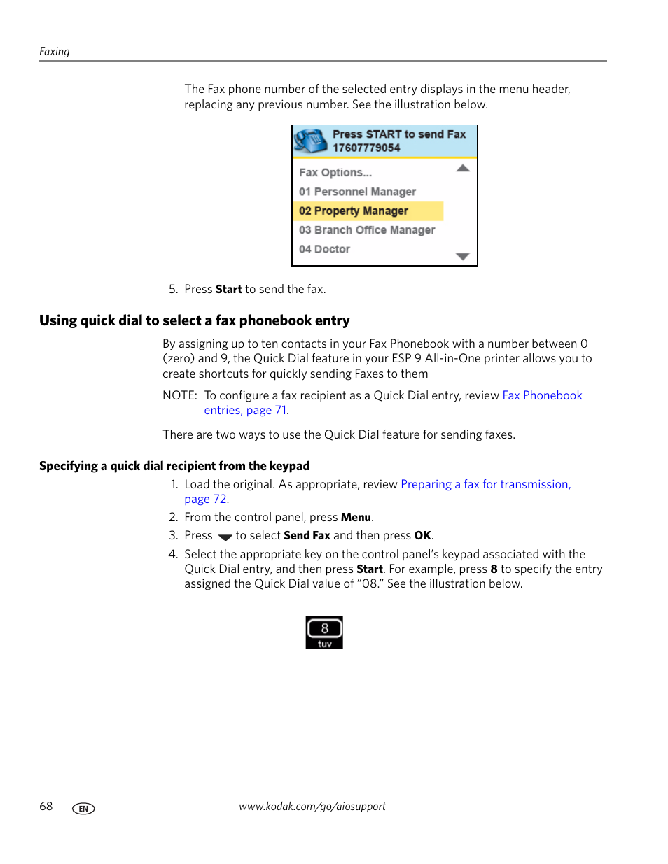 Using quick dial to select a fax phonebook entry, Specifying a quick dial recipient from the keypad, Using quick dial to select a fax | Kodak ESP 9 User Manual | Page 76 / 143