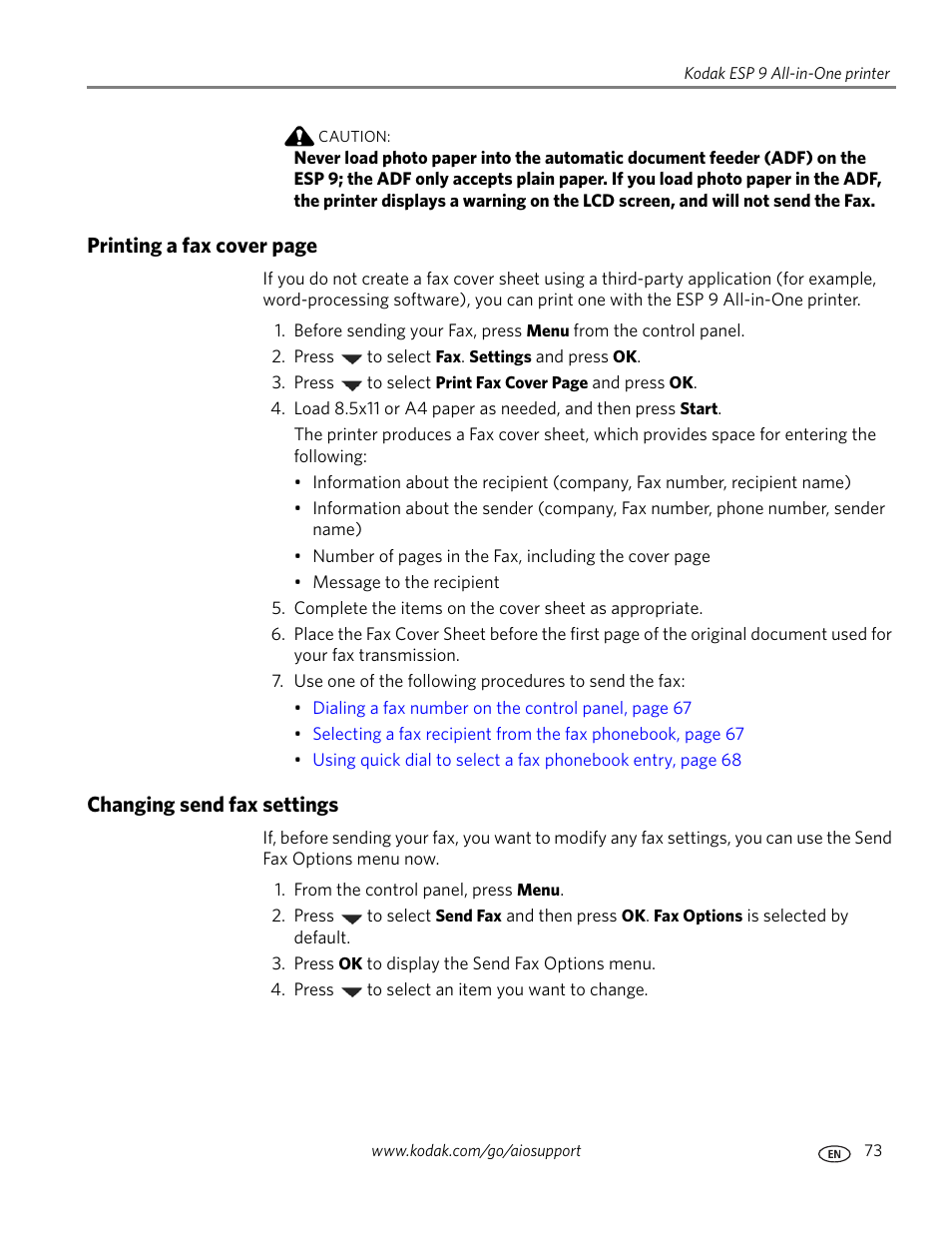 Changing send fax settings | Kodak ESP 9 User Manual | Page 81 / 143
