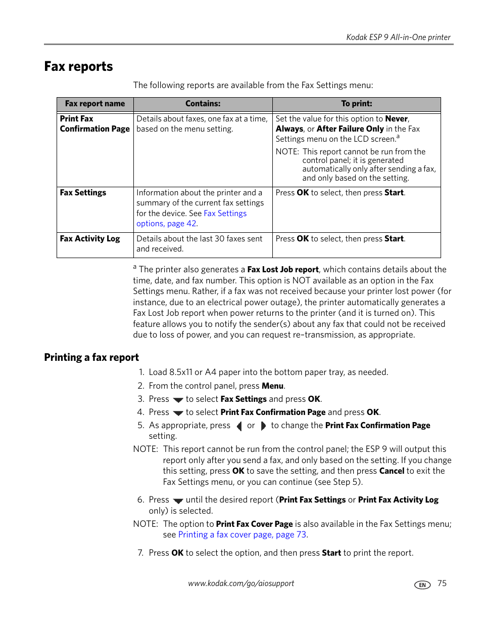 Fax reports, Printing a fax report | Kodak ESP 9 User Manual | Page 83 / 143