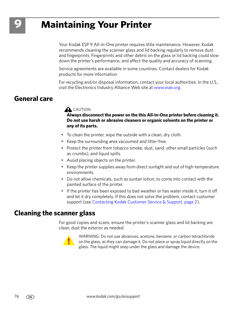 Maintaining your printer, General care, Cleaning the scanner glass | 9 maintaining your printer, General care cleaning the scanner glass | Kodak ESP 9 User Manual | Page 84 / 143