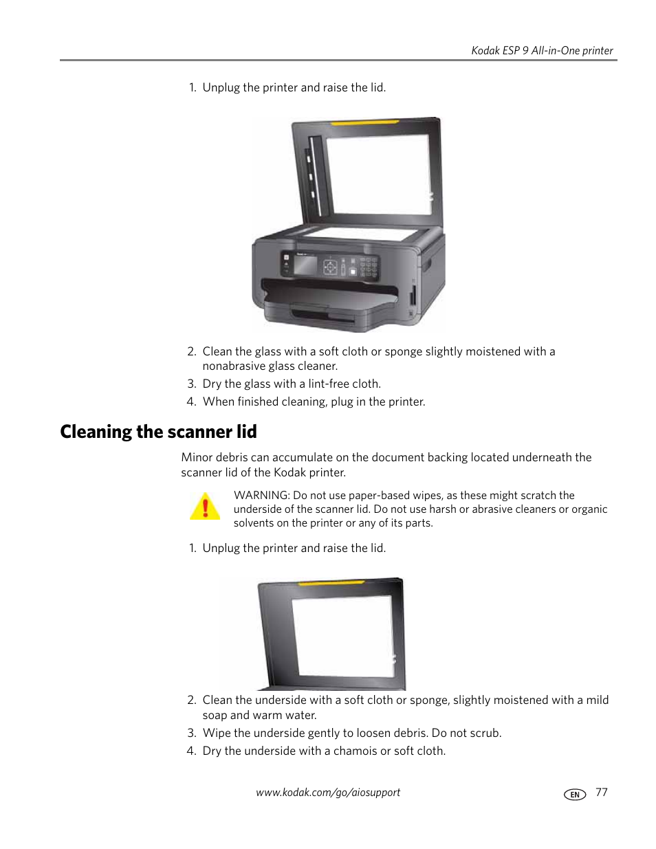 Cleaning the scanner lid | Kodak ESP 9 User Manual | Page 85 / 143