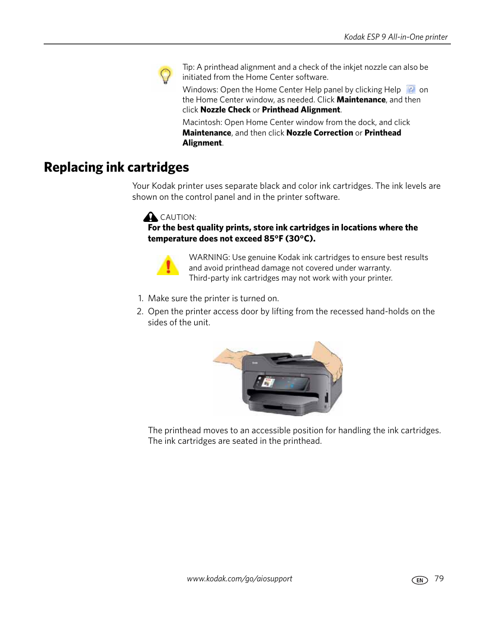 Replacing ink cartridges | Kodak ESP 9 User Manual | Page 87 / 143