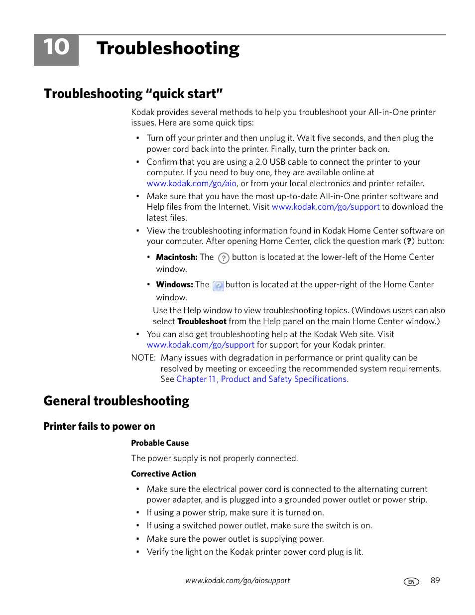 Troubleshooting, Troubleshooting “quick start, General troubleshooting | Printer fails to power on, 10 troubleshooting, Chapter 10 , troubleshooting | Kodak ESP 9 User Manual | Page 97 / 143