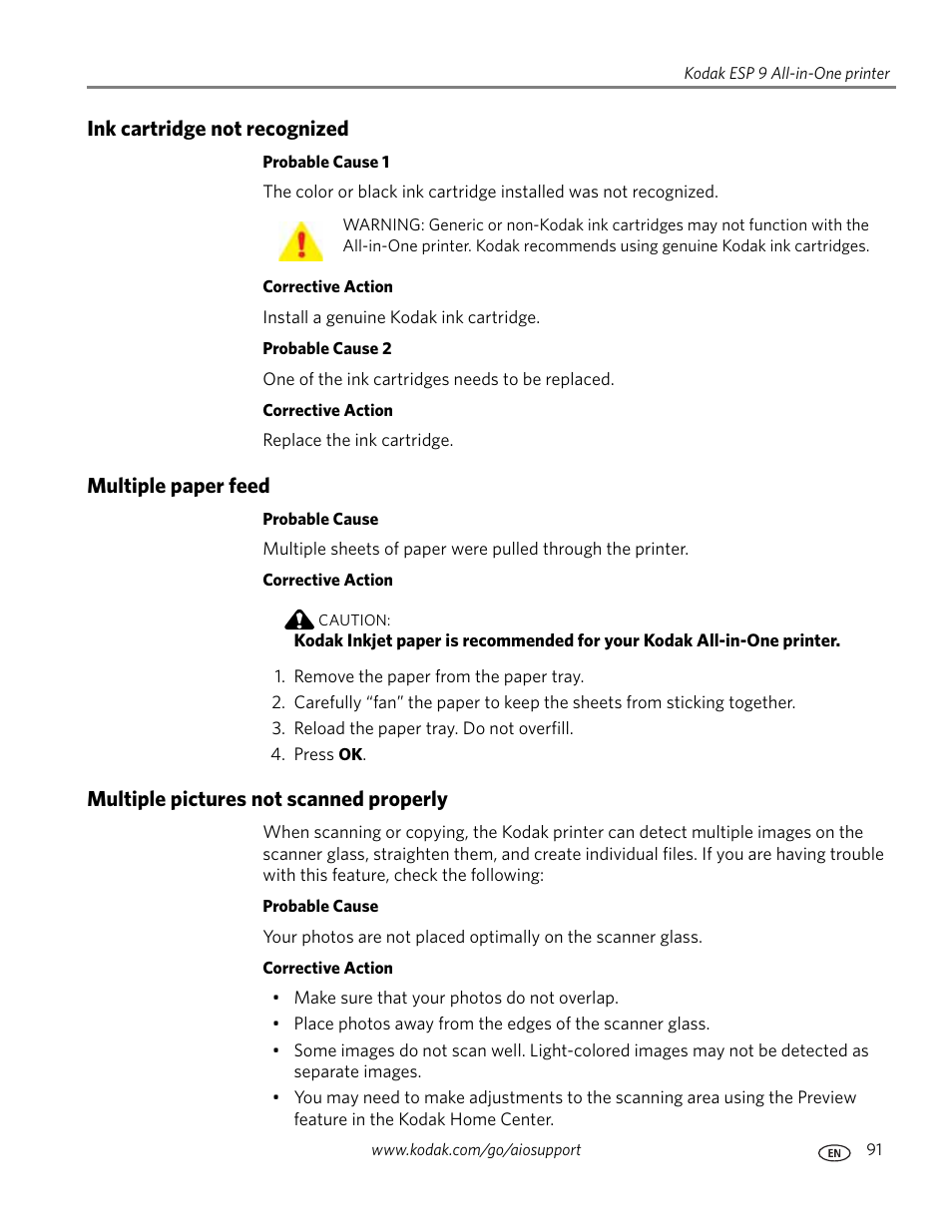 Ink cartridge not recognized, Multiple paper feed, Multiple pictures not scanned properly | Kodak ESP 9 User Manual | Page 99 / 143