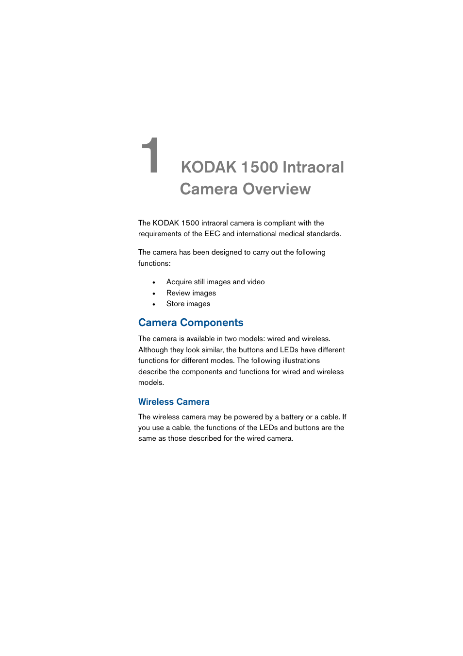 1 kodak 1500 intraoral camera overview, Camera components, Wireless camera | Chapter 1, Kodak 1500, Intraoral camera, Overview, Kodak 1500 intraoral camera overview | Kodak 1500 User Manual | Page 9 / 60