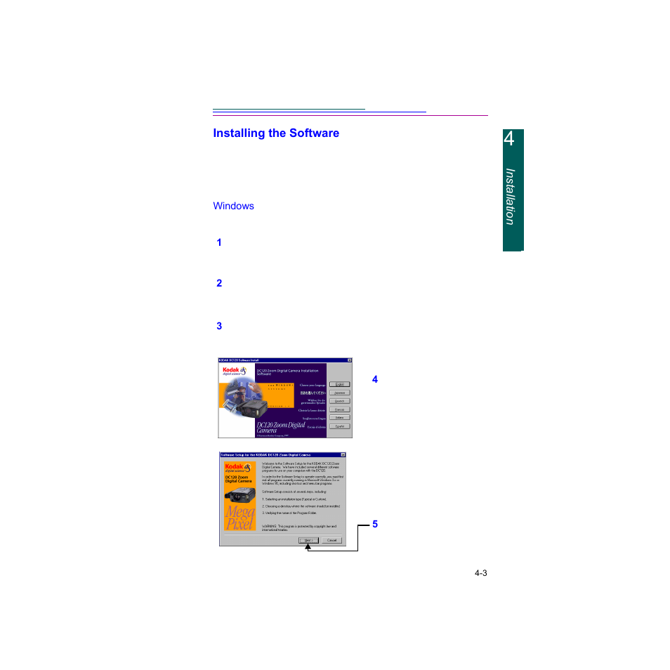 Installing the software, Windows, Installing the software -3 | Kodak Digital Science DC120 User Manual | Page 47 / 117