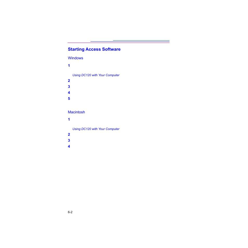 Starting access software, Windows, Macintosh | Kodak Digital Science DC120 User Manual | Page 62 / 117