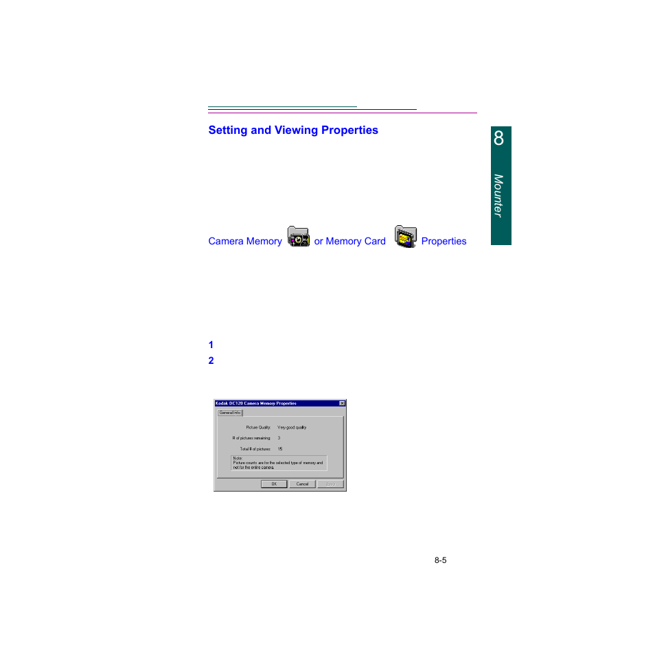 Setting and viewing properties, Camera memory or memory card properties, Setting and viewing properties -5 | Camera memory or memory card properties -5 | Kodak Digital Science DC120 User Manual | Page 89 / 117