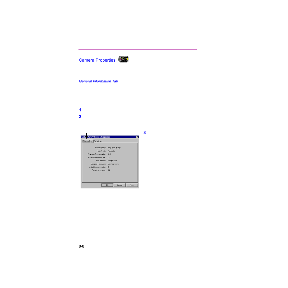 Camera properties, General information tab, Camera properties -8 | Kodak Digital Science DC120 User Manual | Page 92 / 117