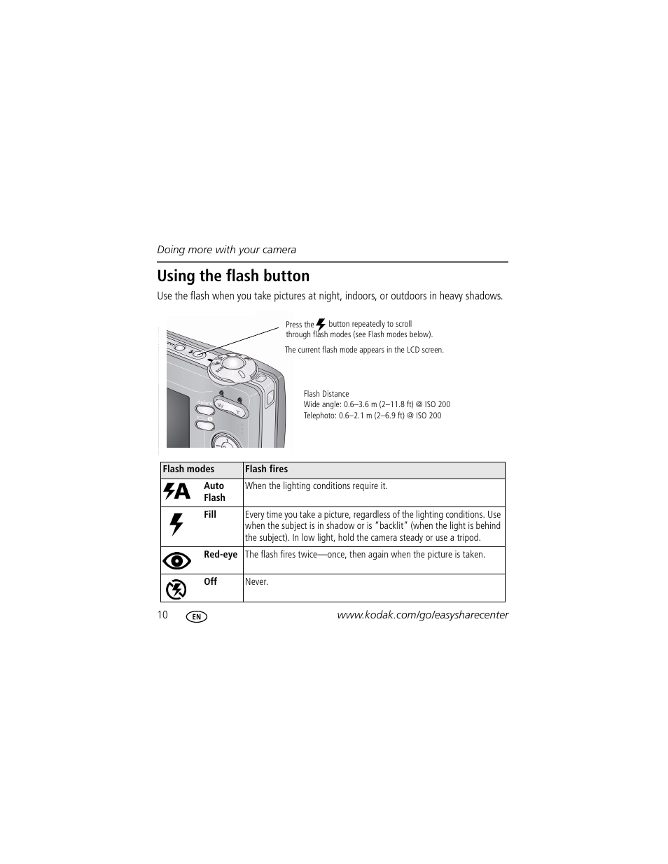 Using the flash button | Kodak Play Touch 1 User Manual | Page 10 / 27