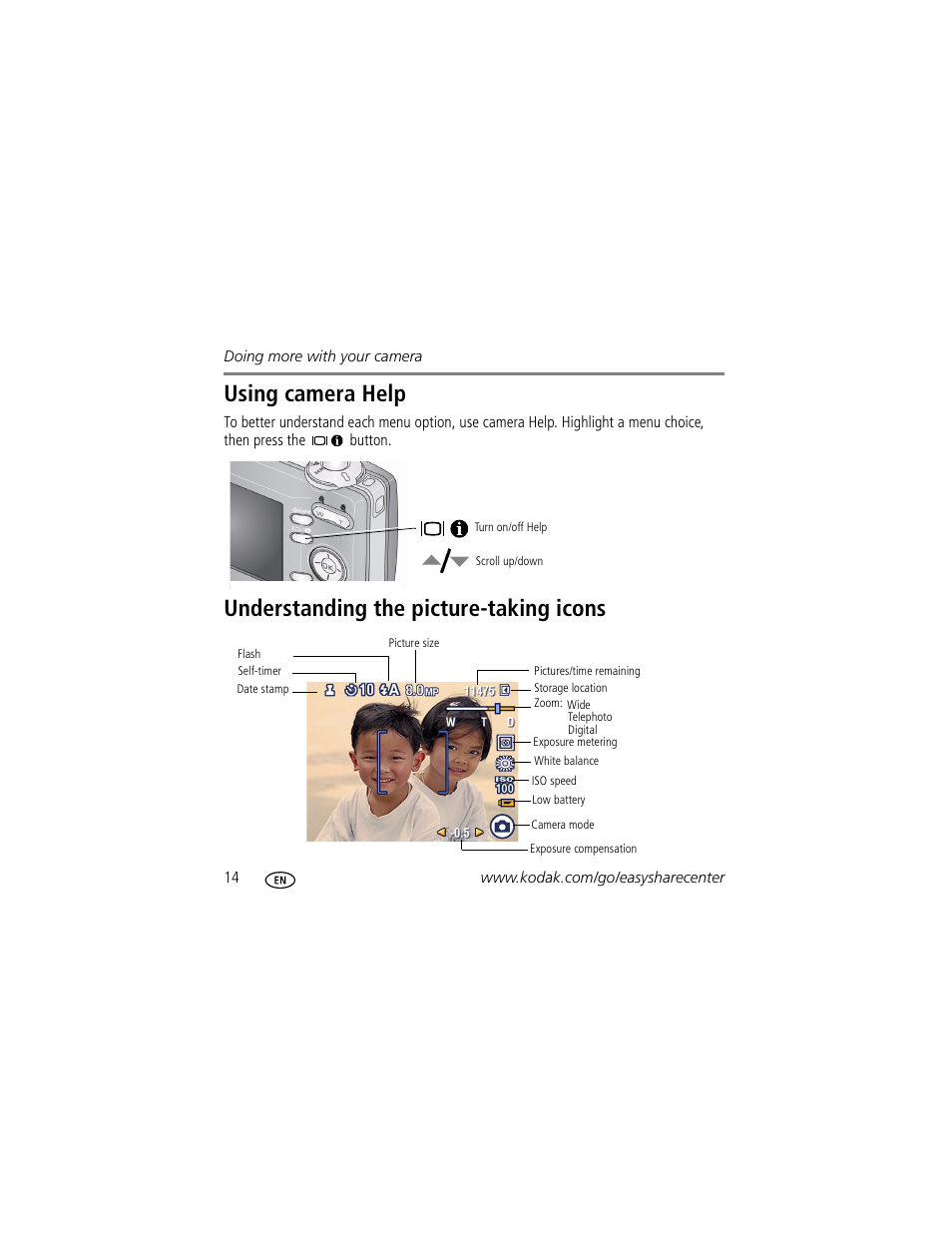 Using camera help, Understanding the picture-taking icons | Kodak Play Touch 1 User Manual | Page 14 / 27