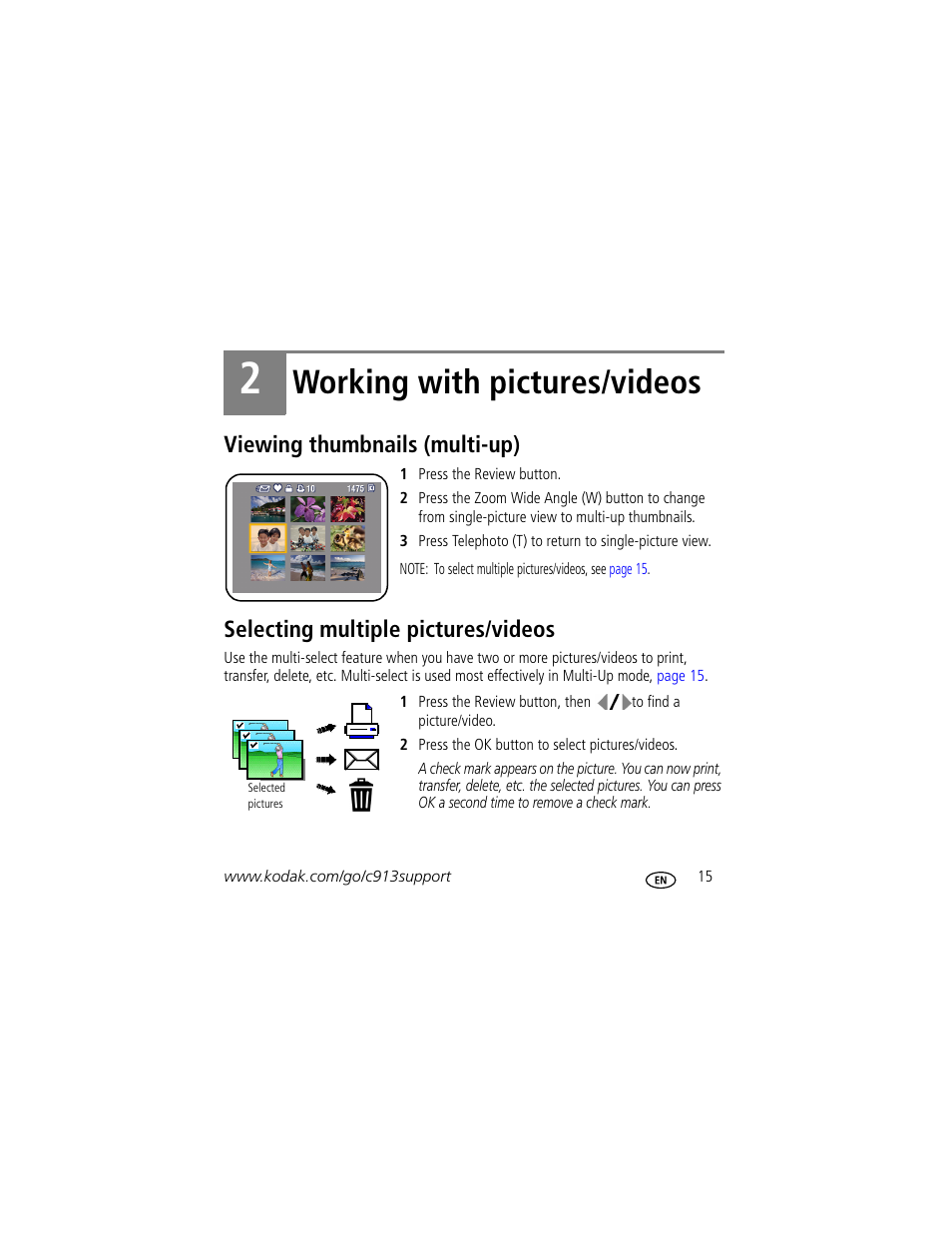 Working with pictures/videos, Viewing thumbnails (multi-up), Selecting multiple pictures/videos | Kodak Play Touch 1 User Manual | Page 15 / 27