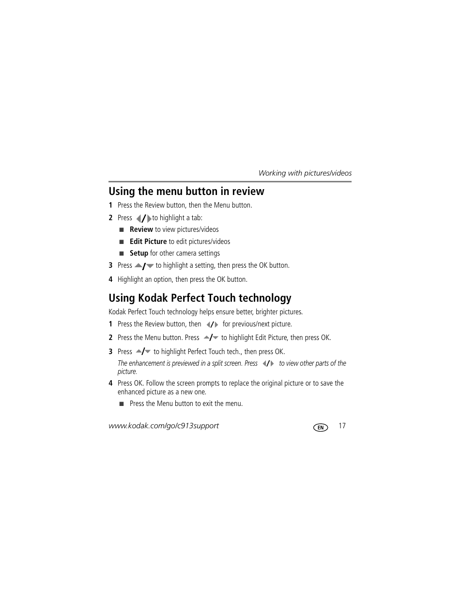 Using the menu button in review, Using kodak perfect touch technology | Kodak Play Touch 1 User Manual | Page 17 / 27