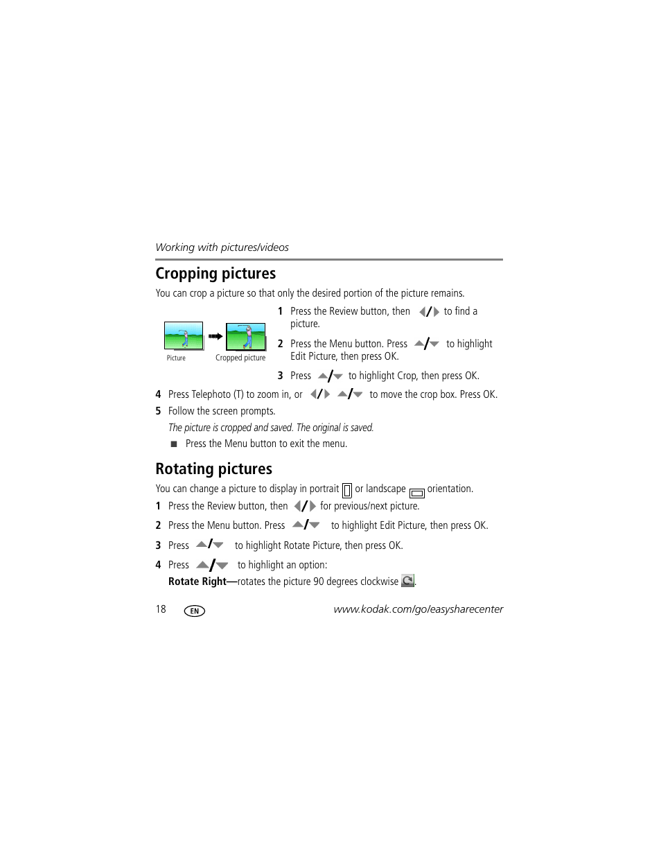 Cropping pictures, Rotating pictures | Kodak Play Touch 1 User Manual | Page 18 / 27