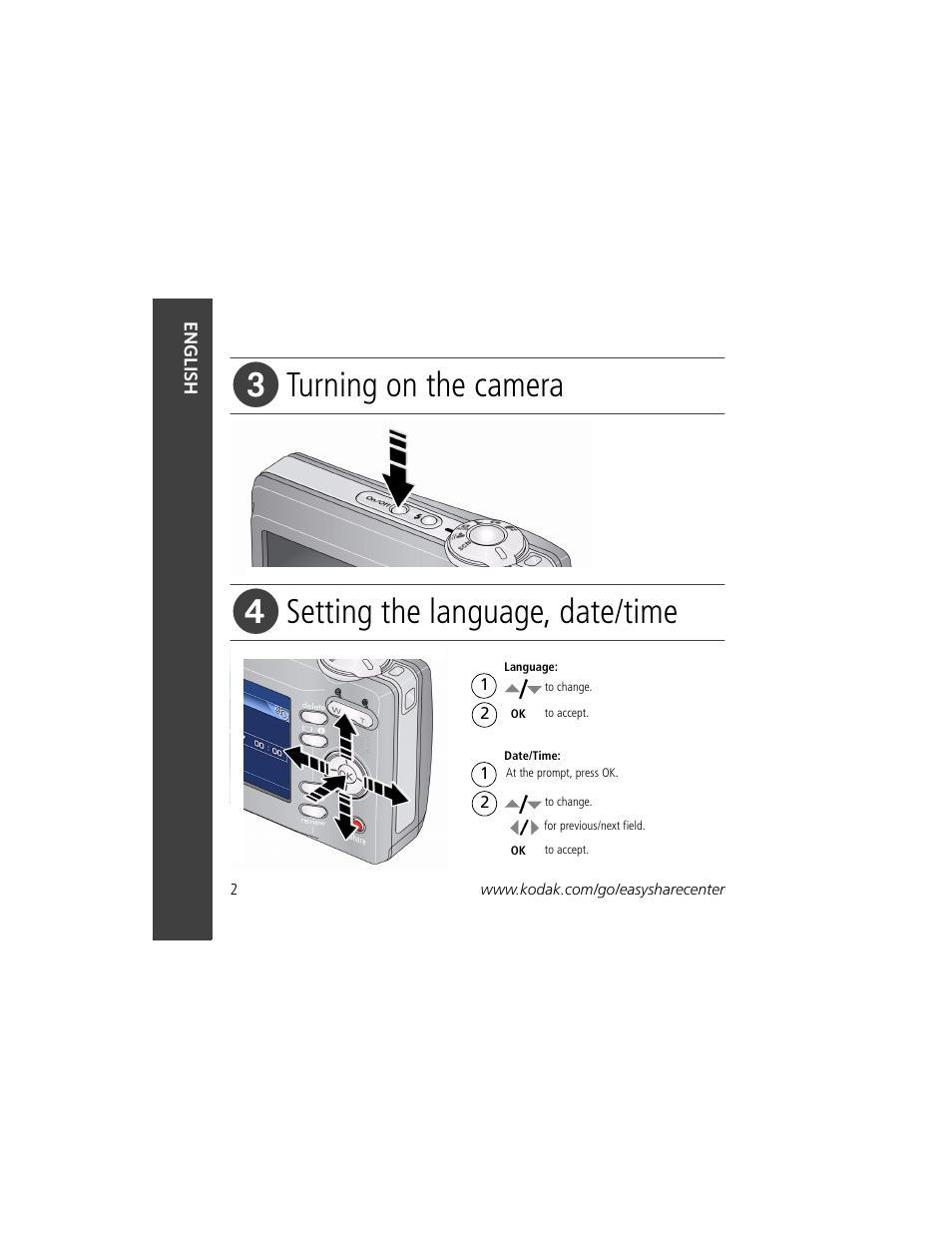 Turning on the camera, Setting the language, date/time | Kodak Play Touch 1 User Manual | Page 2 / 27