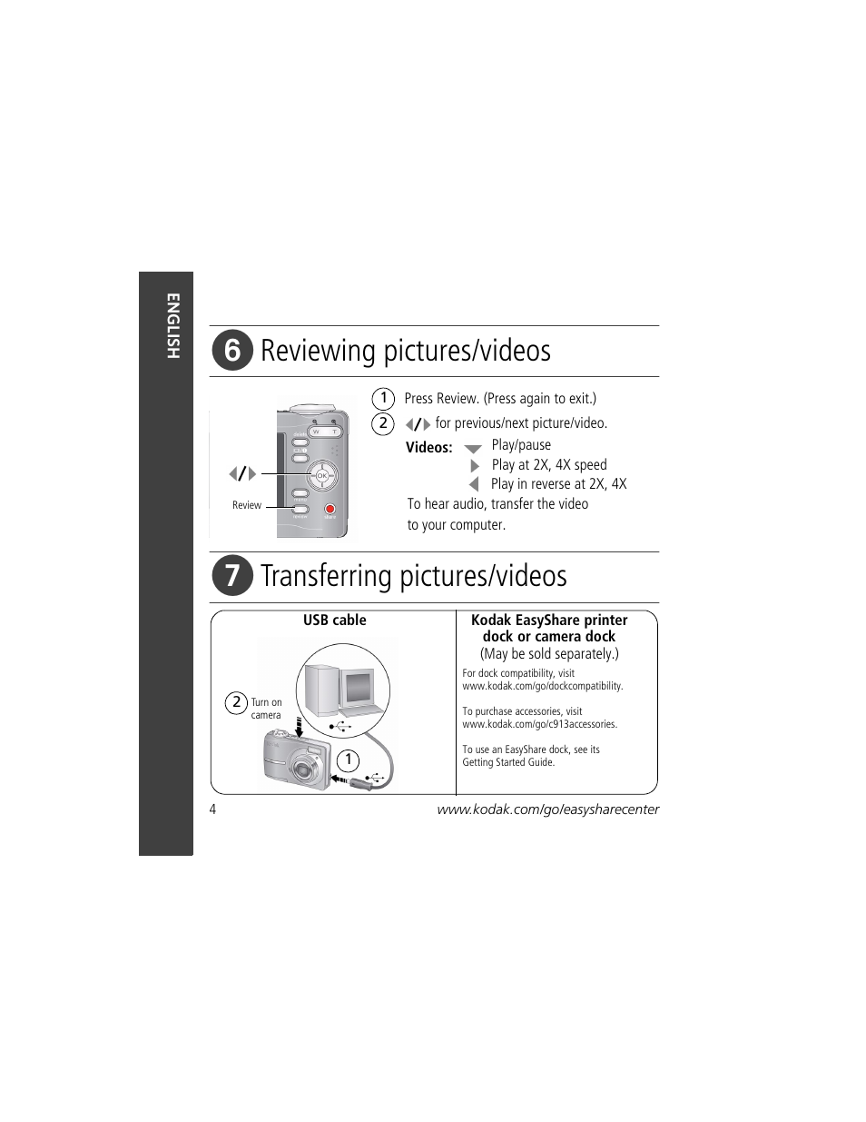 Reviewing pictures/videos, Transferring pictures/videos | Kodak Play Touch 1 User Manual | Page 4 / 27