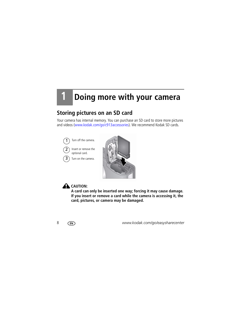 Doing more with your camera, Storing pictures on an sd card | Kodak Play Touch 1 User Manual | Page 8 / 27