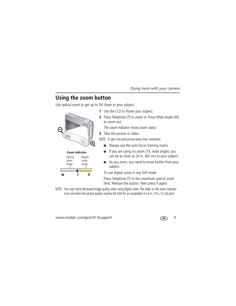 Using the zoom button | Kodak Play Touch 1 User Manual | Page 9 / 27