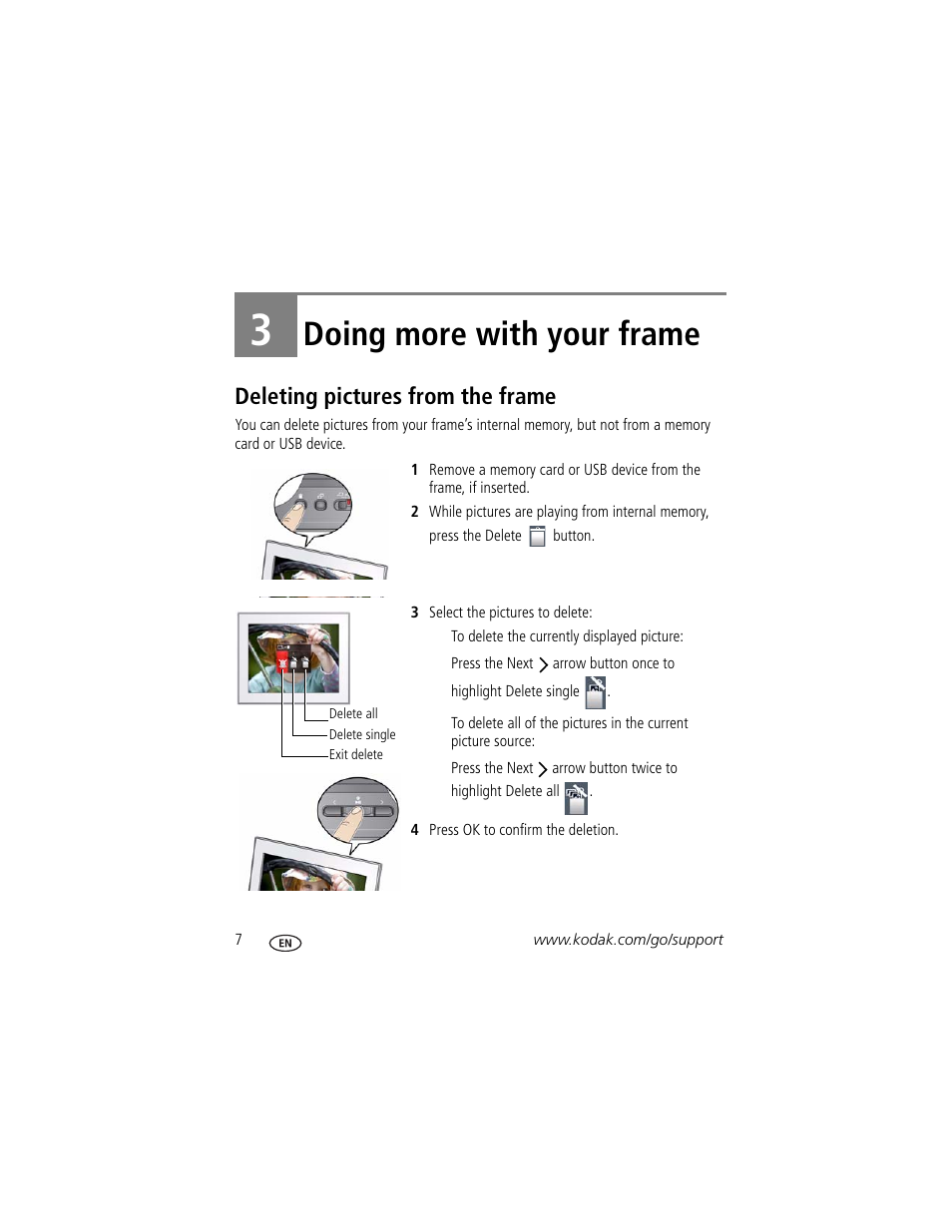 Doing more with your frame, Deleting pictures from the frame, 3 doing more with your frame | Kodak P825 User Manual | Page 12 / 29