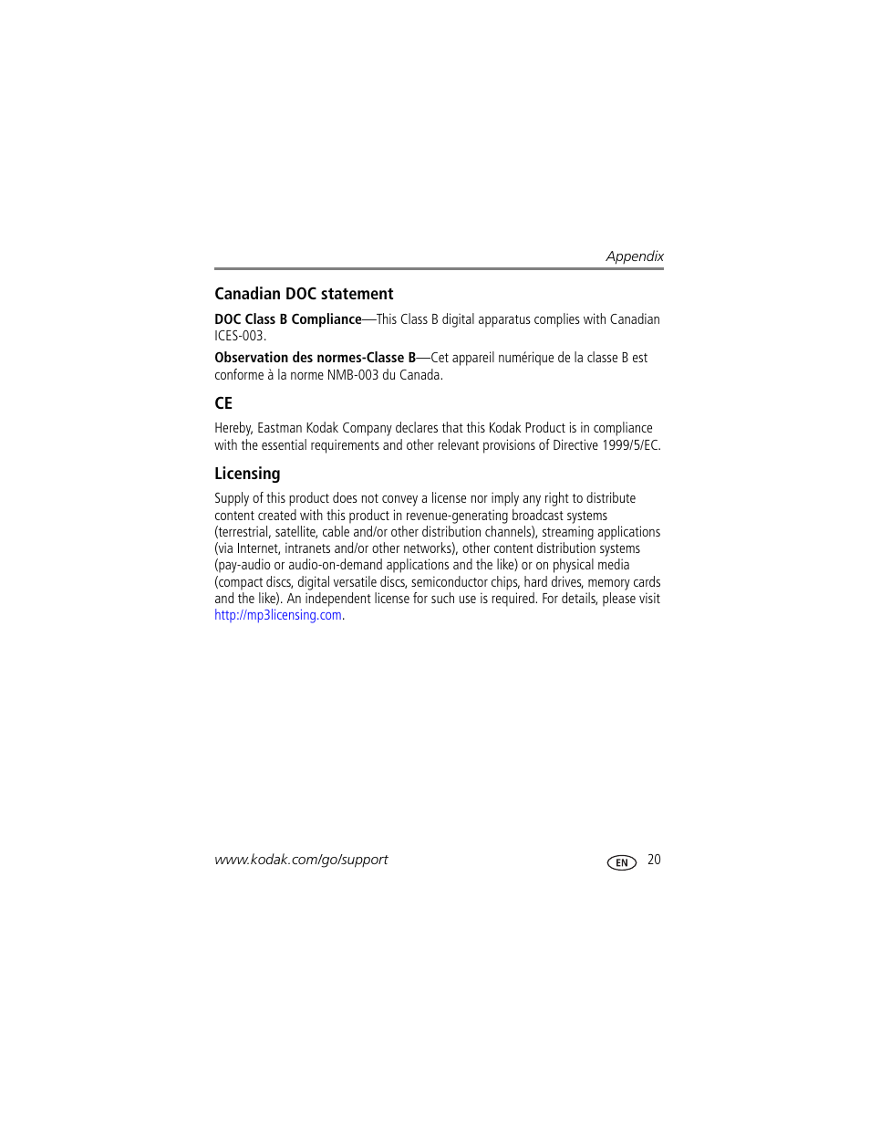 Canadian doc statement, Licensing | Kodak P825 User Manual | Page 25 / 29
