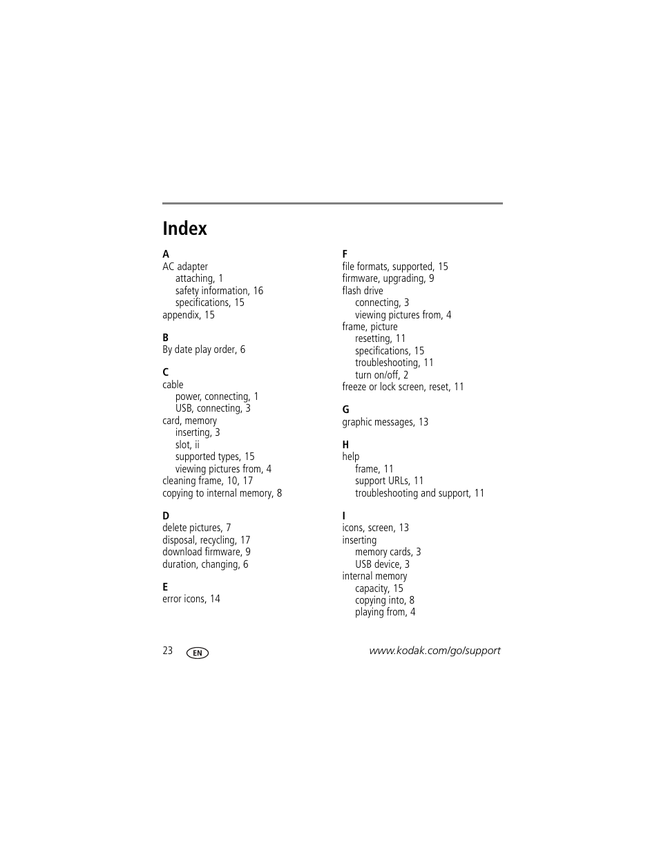 Index | Kodak P825 User Manual | Page 28 / 29