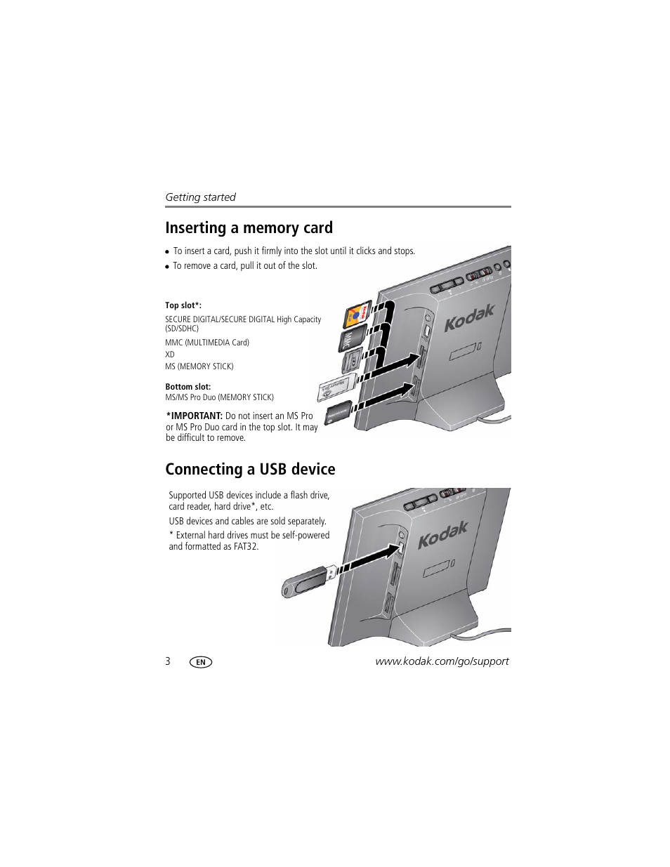 Inserting a memory card, Connecting a usb device, Inserting a memory card connecting a usb device | Kodak P825 User Manual | Page 8 / 29