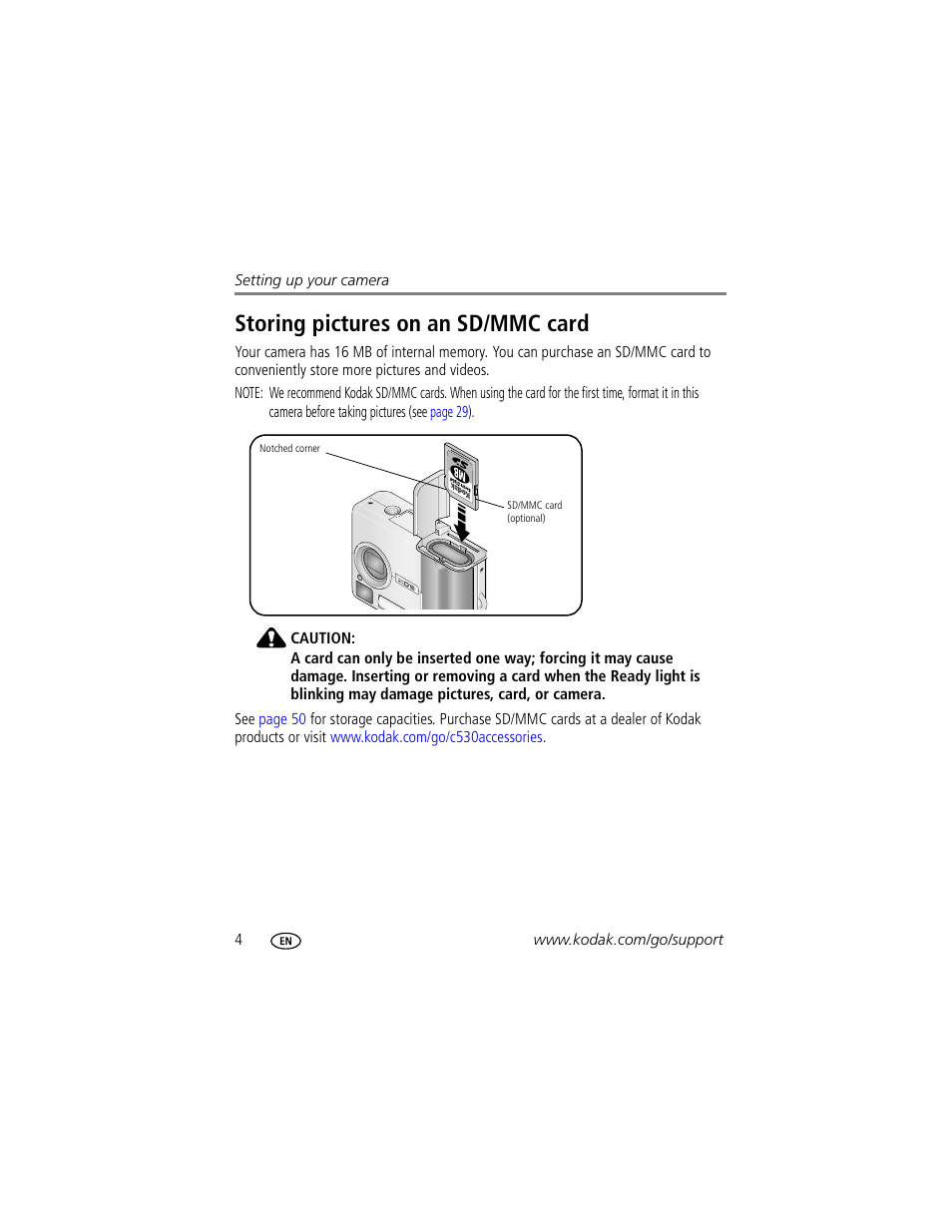 Storing pictures on an sd/mmc card | Kodak C530 User Manual | Page 10 / 71