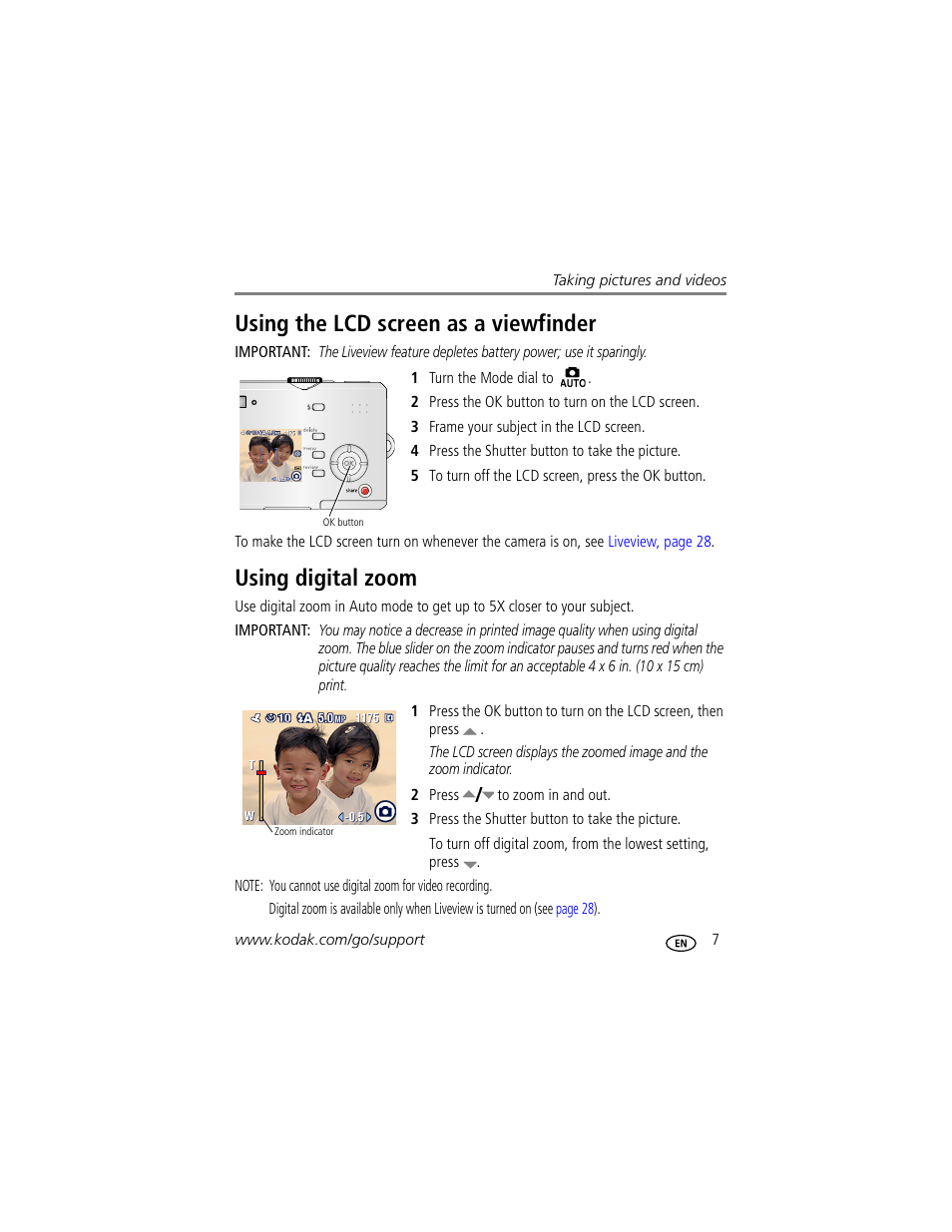 Using the lcd screen as a viewfinder, Using digital zoom | Kodak C530 User Manual | Page 13 / 71