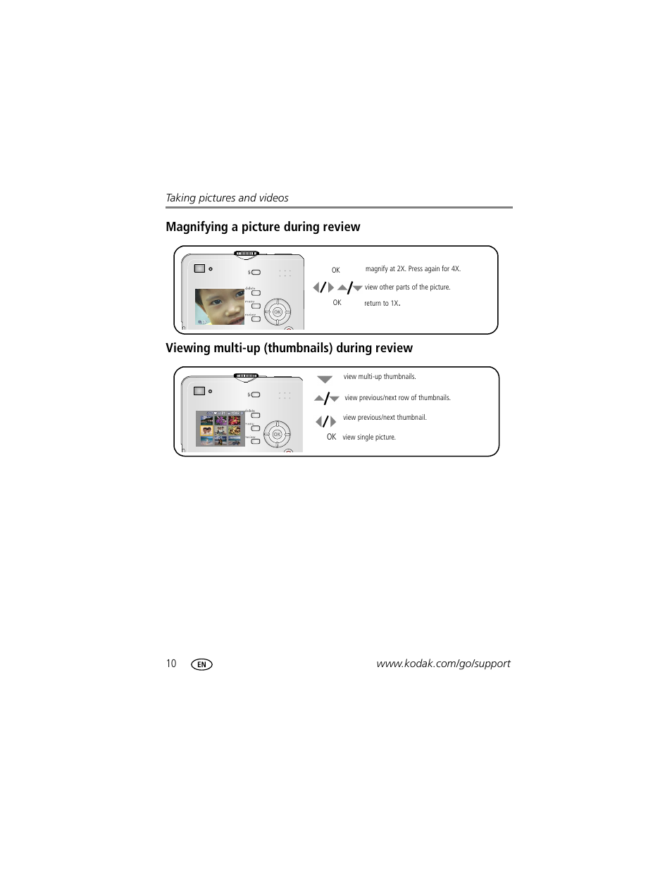 Magnifying a picture during review, Viewing multi-up (thumbnails) during review | Kodak C530 User Manual | Page 16 / 71