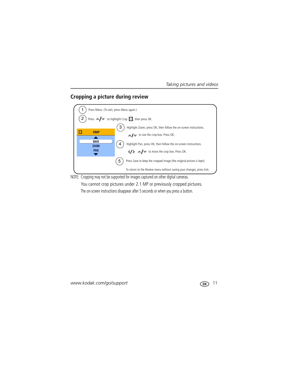 Cropping a picture during review | Kodak C530 User Manual | Page 17 / 71