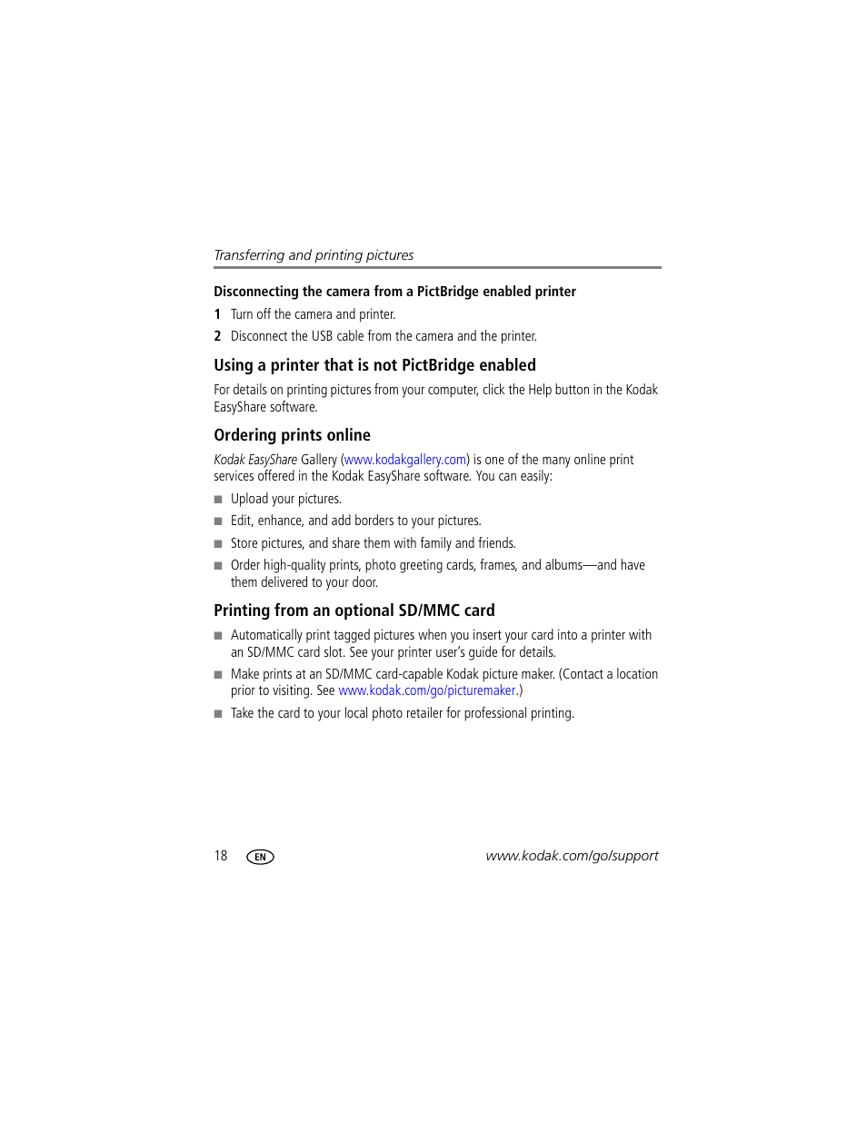 Using a printer that is not pictbridge enabled, Ordering prints online, Printing from an optional sd/mmc card | Kodak C530 User Manual | Page 24 / 71