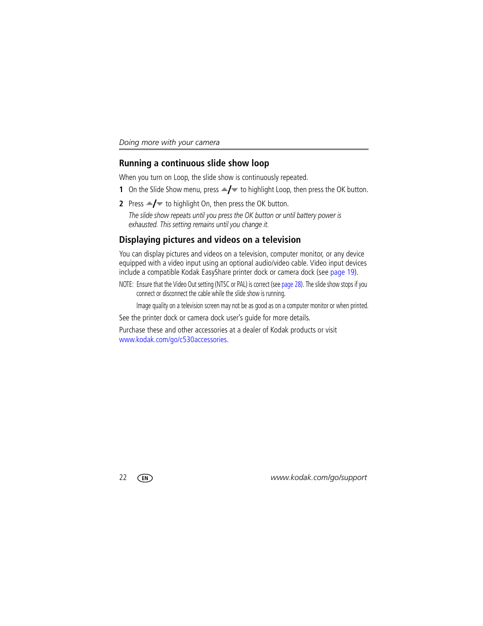 Running a continuous slide show loop, Displaying pictures and videos on a television | Kodak C530 User Manual | Page 28 / 71
