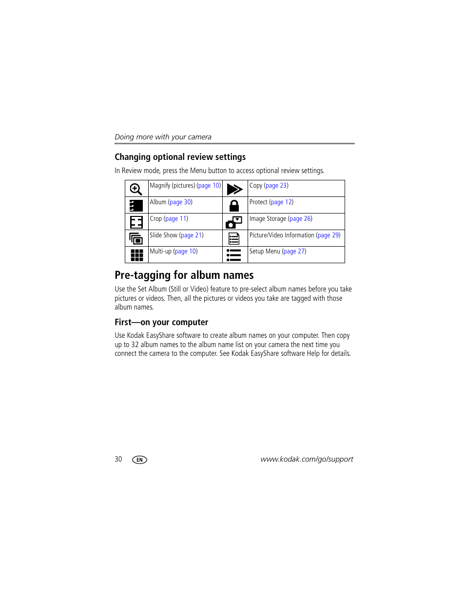 Changing optional review settings, Pre-tagging for album names, First-on your computer | Kodak C530 User Manual | Page 36 / 71
