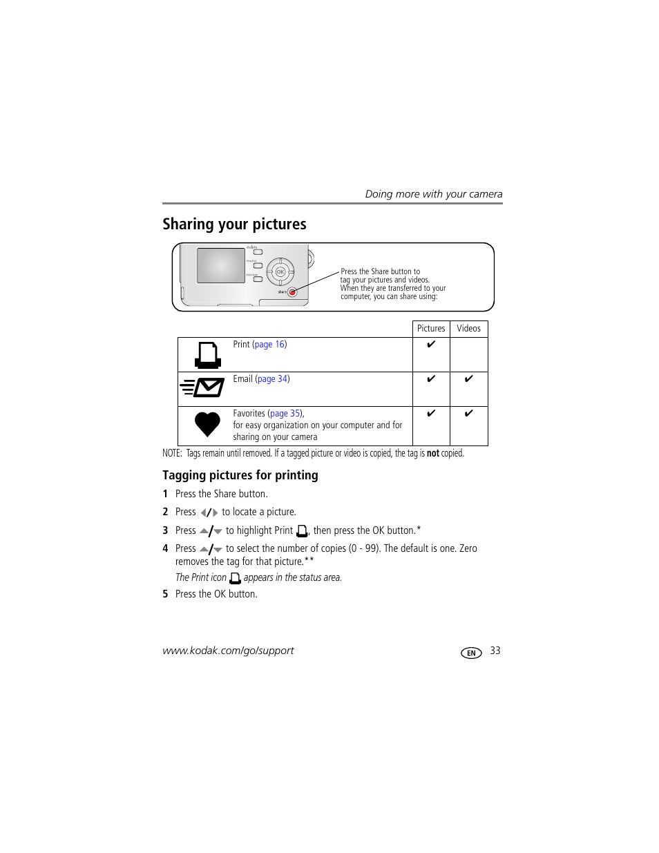 Sharing your pictures, Tagging pictures for printing | Kodak C530 User Manual | Page 39 / 71